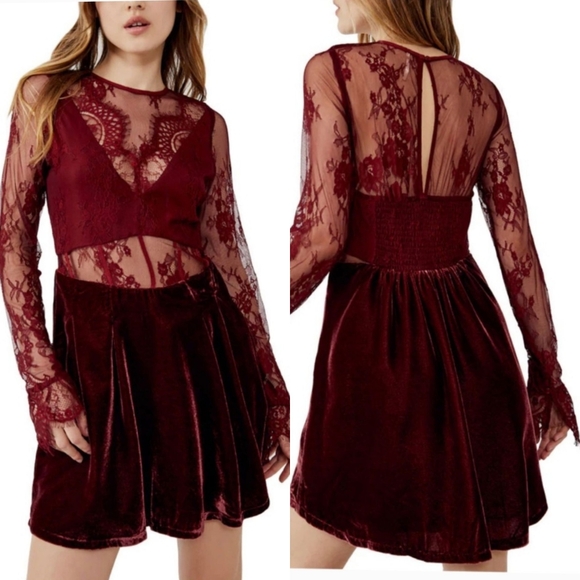 Free People Burgundy Marlie Lace Mini‎ Dress - Picture 2 of 9